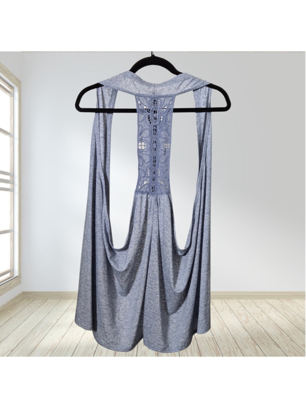 Maurices XL Draped Open Front Vest Blue Gray Crochet Lace Back NWT Boho - Picture 2 of 3